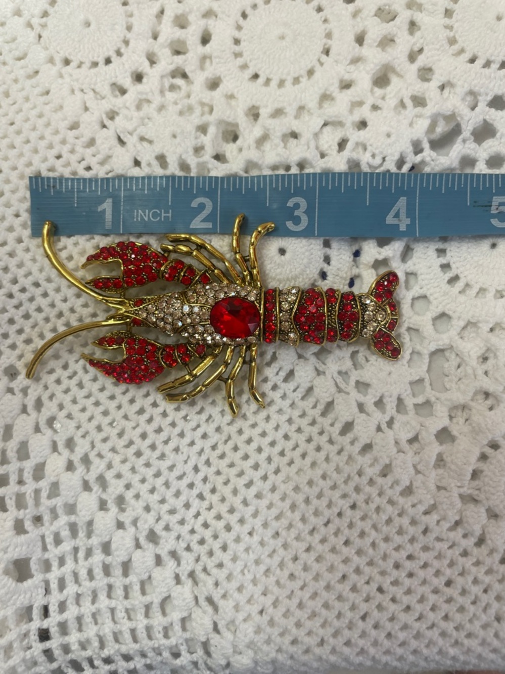 Gold-tone Red Crystal Lobster Brooch. Secure Clasp. Straight pin. 4” - Picture 3 of 7